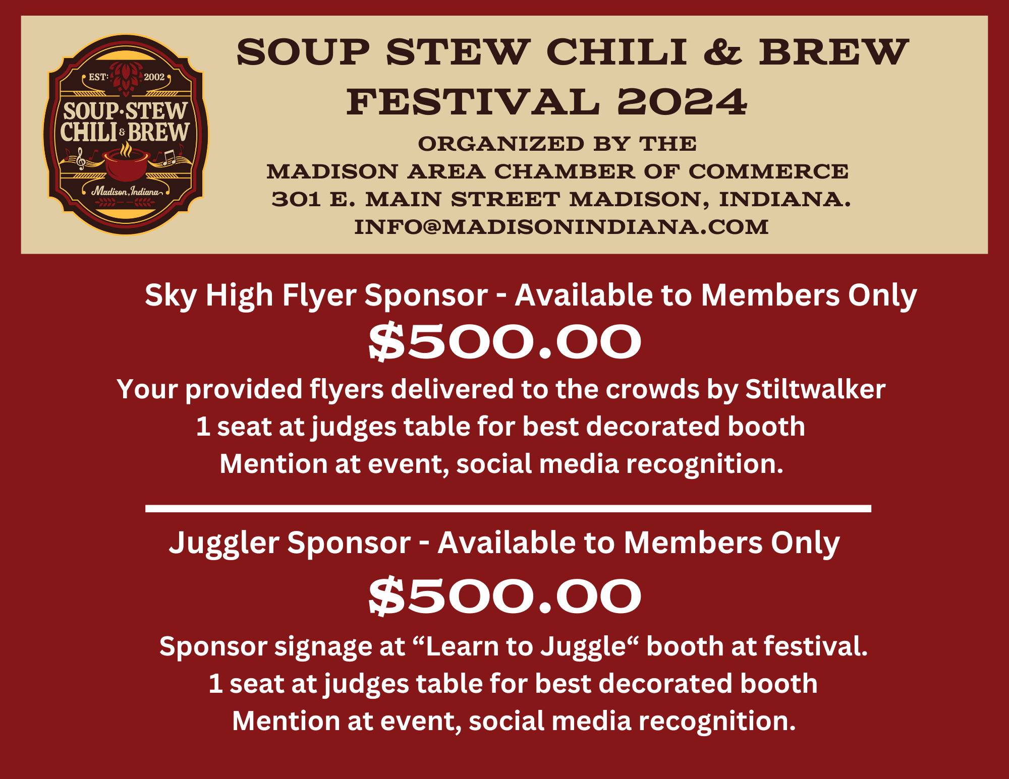 Sponsorship 11 - 2024 Soup Stew Chili and Brew Sky High &amp; Juggler Sponsors