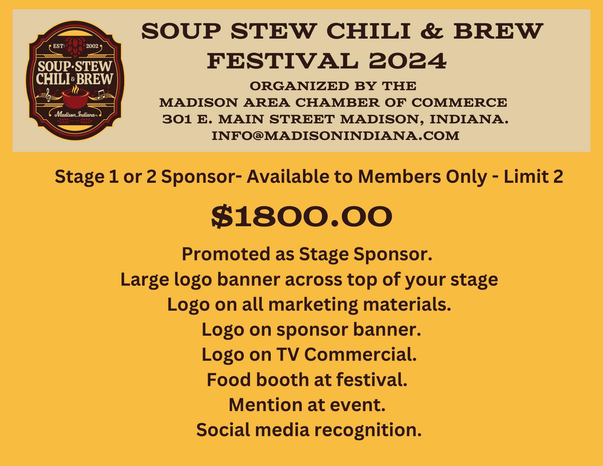 Sponsorship 4 - 2024 Soup Stew Chili and Brew Stage 1 or 2 Sponsor