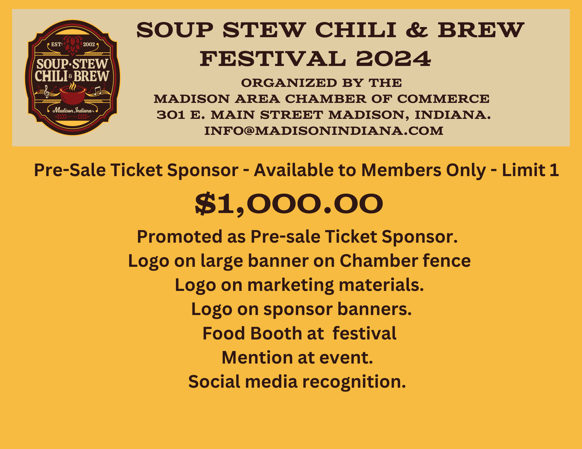 Sponsorship 8 - 2024 Soup Stew Chili and Brew Ticket Sponsor