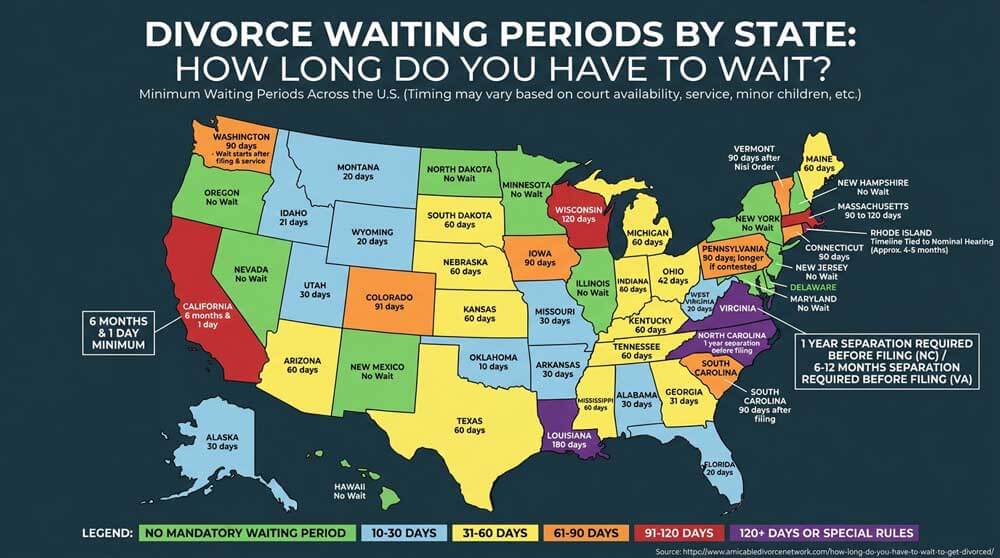 Map of the United States showing divorce waiting periods by state, with states grouped by no mandatory waiting period, 10 to 30 days, 31 to 60 days, 61 to 90 days, 91 to 120 days, and special rules over 120 days.