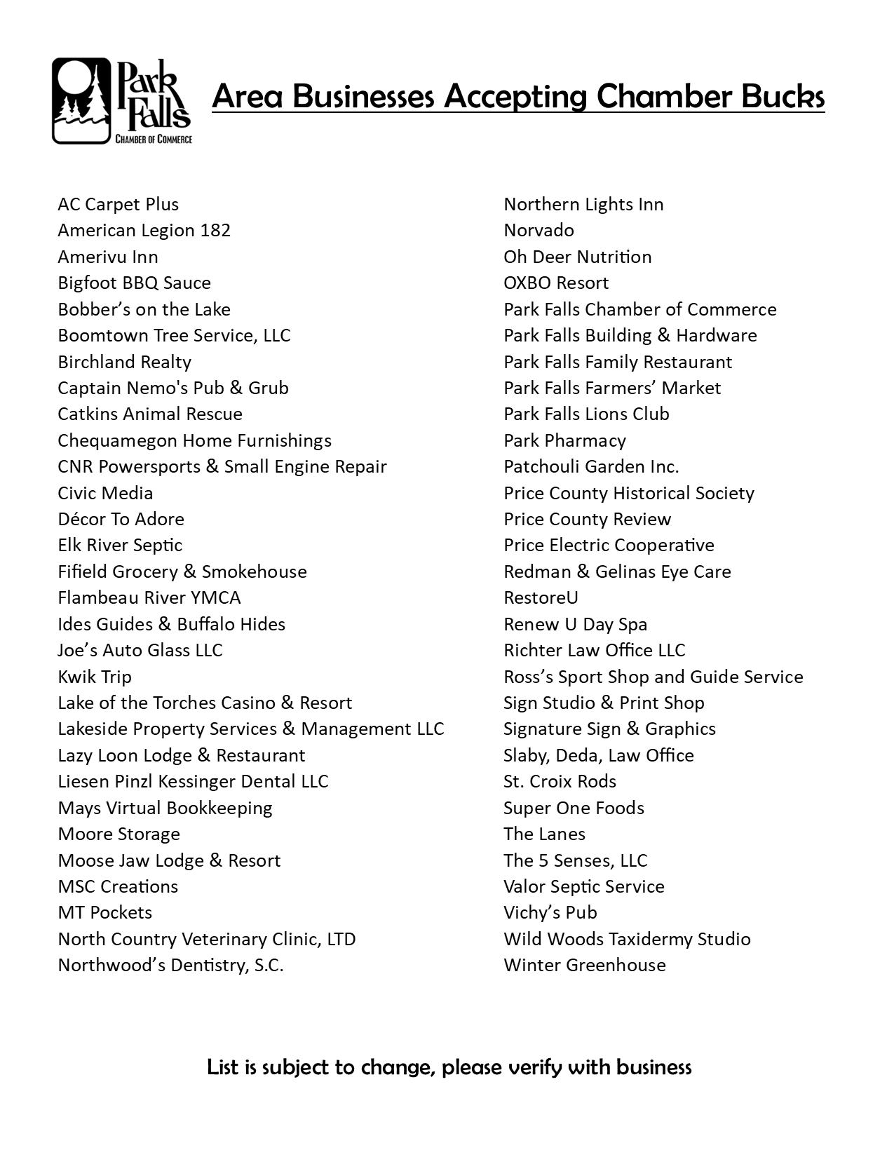 2026 Participating Chamber Businesses List