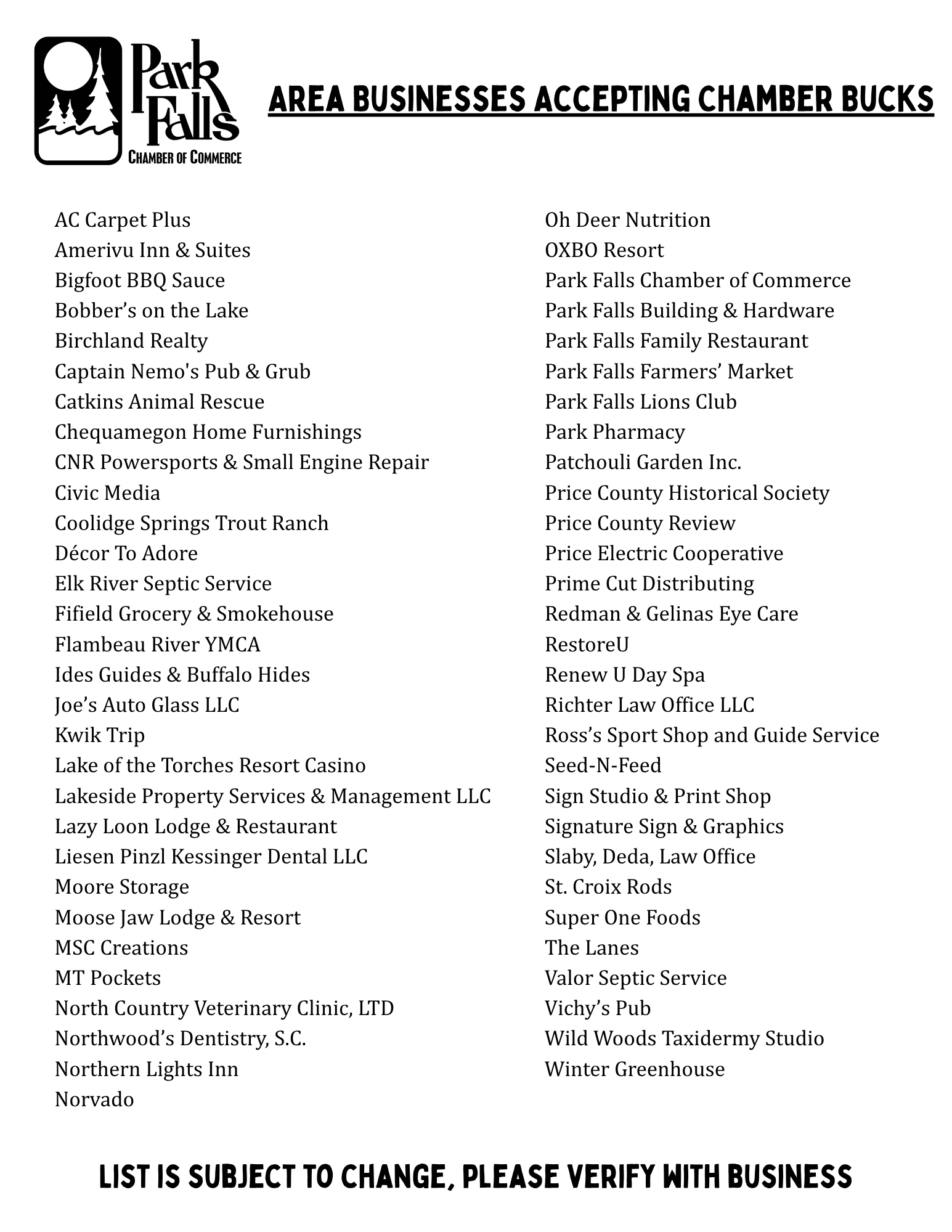2026 Area Businesses Accepting Chamber Bucks 2026 Area Businesses Accepting Chamber Bucks