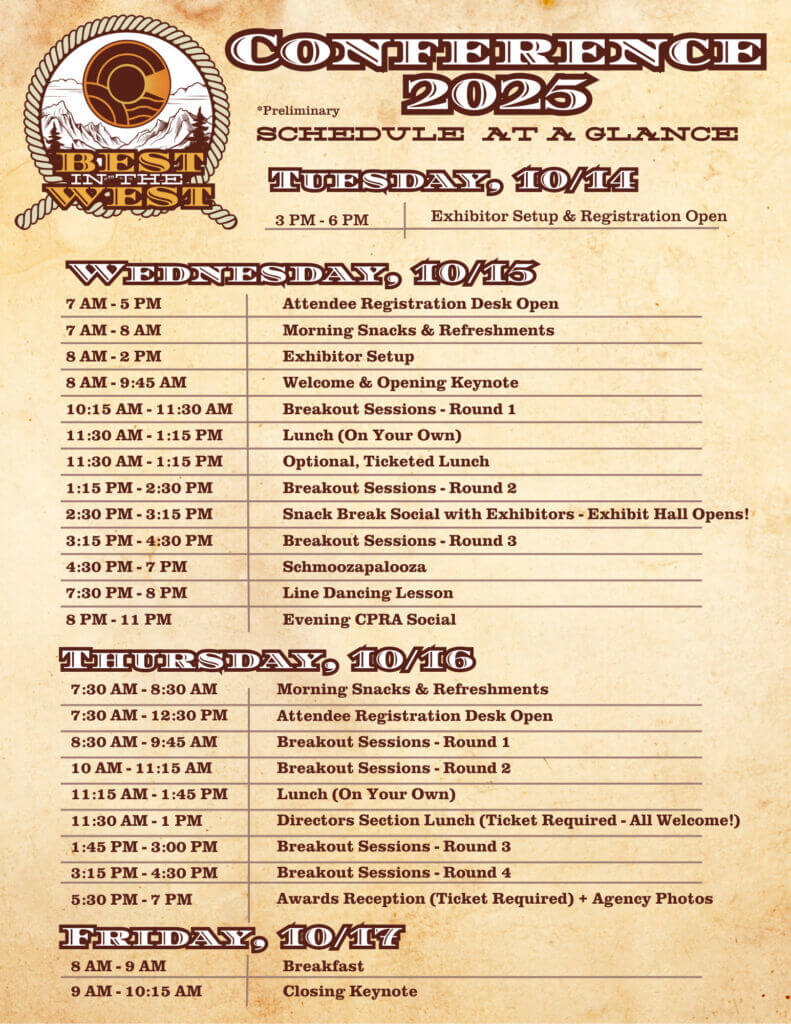 2025 Conference Schedule at a Glance (Preliminary)