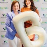 Addison Cursey and Betsy Gardner posing with a white "B" balloon