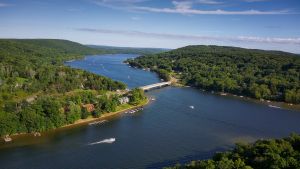 Aerial photo of winding river and forested banks