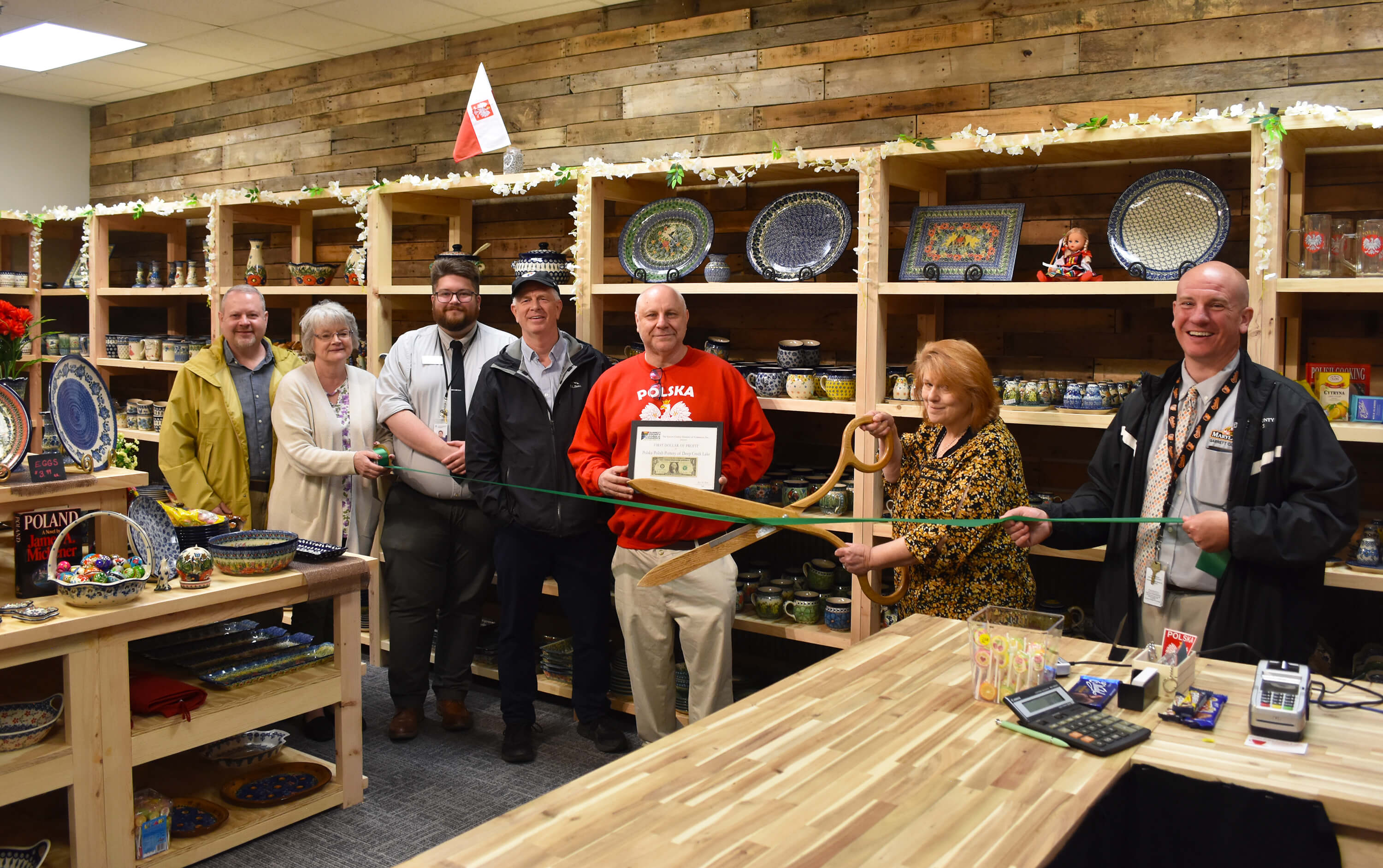 On Friday, May 10, the Garrett County Chamber of Commerce partnered with the Garrett County Department of Business Development to hold a ribbon cutting ceremony for the grand opening of Polska Polish Pottery of Deep Creek Lake.