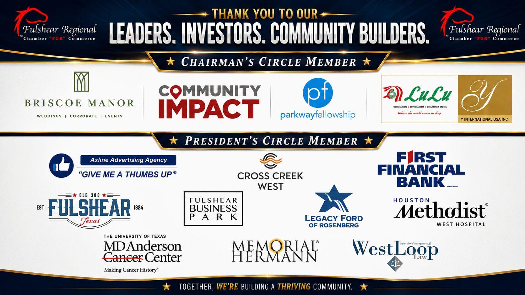 Fulshear Regional Chamber for Commerce graphic thanking its leaders, investors, and community builders. It recognizes Chairman’s Circle members Briscoe Manor, Community Impact, Parkway Fellowship, LuLu Hypermarket, and Y International USA Inc., along with President’s Circle members Axline Advertising Agency, Cross Creek West, First Financial Bank, Fulshear, Fulshear Business Park, Legacy Ford of Rosenberg, Houston Methodist West Hospital, The University of Texas MD Anderson Cancer Center, Memorial Hermann, and West Loop Law. The graphic concludes, “Together, we’re building a thriving community.”