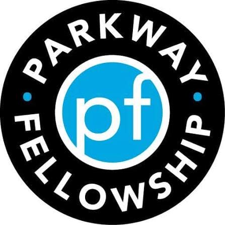 Parkway Fellowship circular logo with white lettering on a black outer ring and a blue center featuring the lowercase initials “pf.”