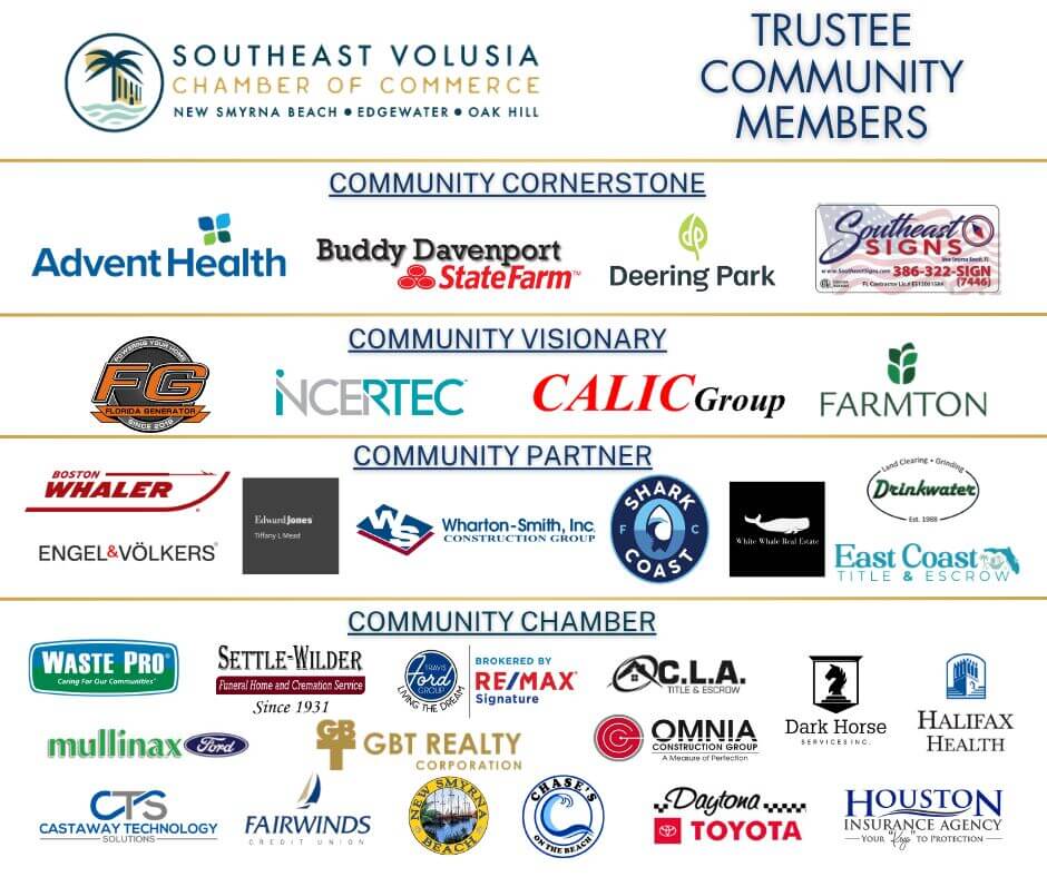 Southeast Volusia Chamber of Commerce Trustee Member tiers showing Community Cornerstone, Visionary, Partner, and Chamber levels with participating business logos.