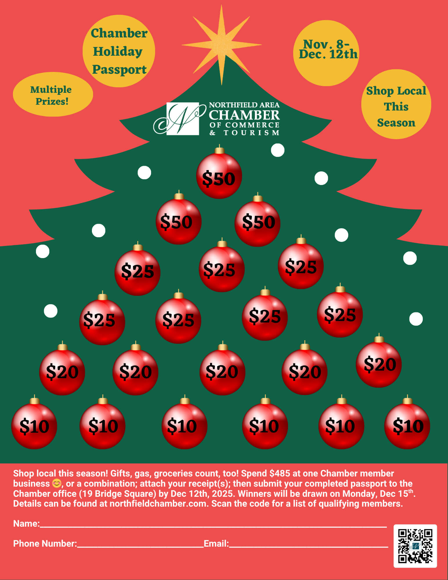 Shop local this holiday season and win! From gifts to gas and groceries — every local purchase counts. Simply spend a total of $485 at one or more Northfield Chamber member businesses, attach your receipts to your Holiday Passport, and drop it off at the Chamber office (19 Bridge Square) by December 12th, 2025.  Winners will be drawn on Monday, December 15th!  Find full details and a list of qualifying Chamber members at northfieldchamber.com or by scanning the QR code.  ✨ Shop local. Support community. Win big! ✨