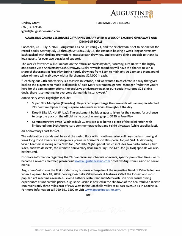 Press Release - Augustine Casino Celebrating 24 Years(1) 2