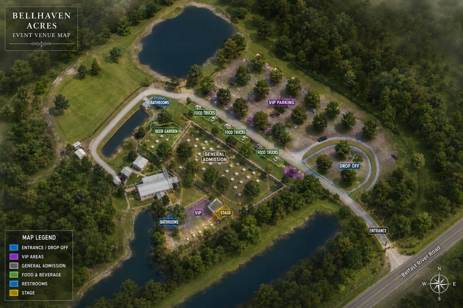 Bellhaven Acres event venue map — entrance, parking, stage, food & beverage, restrooms and VIP areas