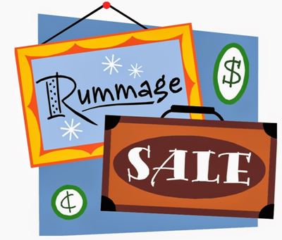 rummage sale sign and old suitcase