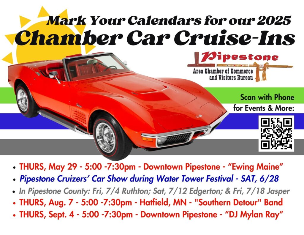 2025 Flyer Summer Car Cruise-Ins red Chevrolet Corvette Stingray convertible in front of green, blue, & gray stripes with car event dates listed on bottom.