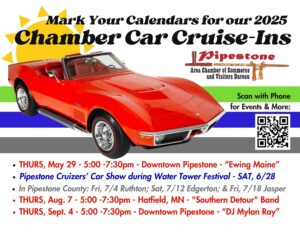 red Chevrolet Corvette Stingray convertible in front of green, blue, & gray stripes with car event dates listed on bottom.