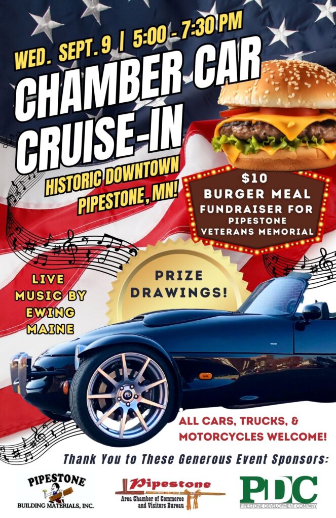 Car Cruise-In Poster with black convertible and a cheeseburger in front of a diagonally angled waving American flag.