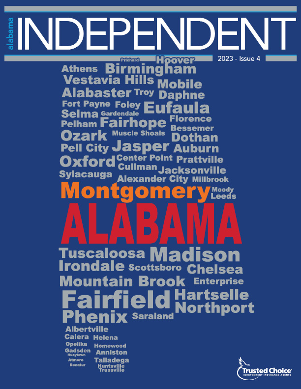 State of Alabama outline using the city names to shape the form of the state in random placement. 