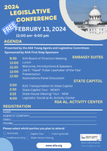 alabama state capitol flyer for legislative conference in tones of blue, white and soft yellow. With text of a conference agenda