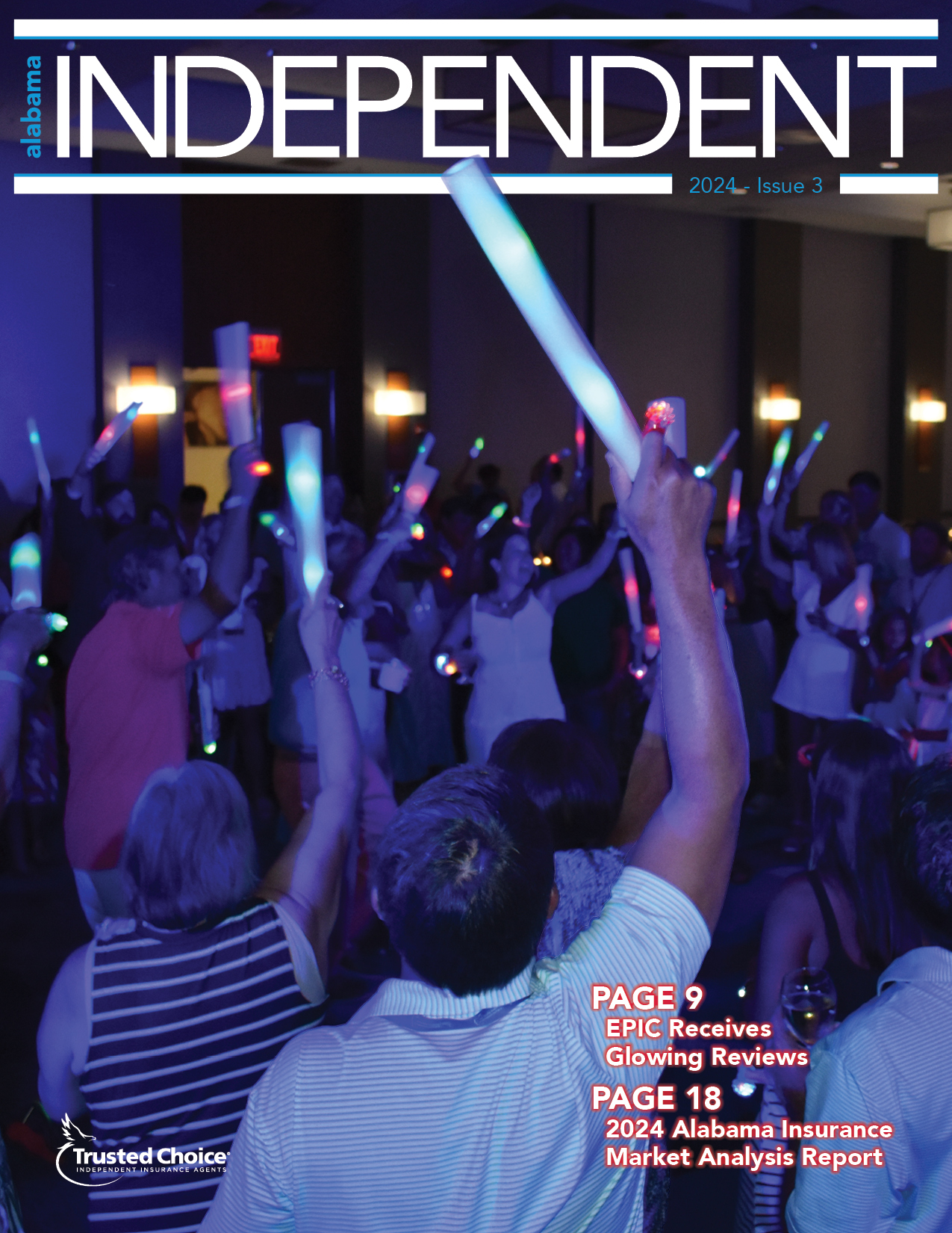 Alabama Independent Magazine. Fall 2024 with a Glowy cover of people dancing in a circle with foam glow sticks. 