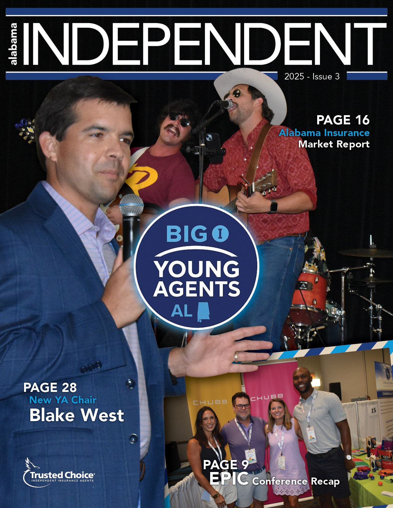 magazine cover collage with a band, a young man speaker holding a micrphone and 4 people posing for a photo.