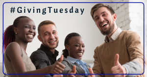 Giving Tuesday header image with four business professionals giving a thumbs up to the camera while smiling.