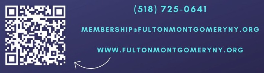 Top-Reason-to-Join-QR Image of QR code to the member sign up page and text of other contacts (518)725-0641, membership@fultonmontgomeryny.org, and www.fultonmontgomeryny.org