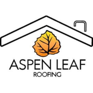 Aspen Leaf Roofing wording with an orange aspen leaf above and the outline of a roof above that.
