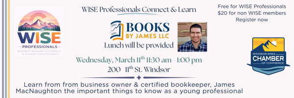 Details for upcoming event for Wise Professionals Connect & Learn, with a book graphic next to the words Books by James. A photo of a smiling man in a collared shirt next to the logo.