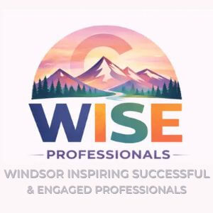 WISE Professionals logo showing a sunrise over stylized mountains, pine trees, and a winding river, with the text “WISE Professionals” and the tagline “Windsor Inspiring Successful & Engaged Professionals.”