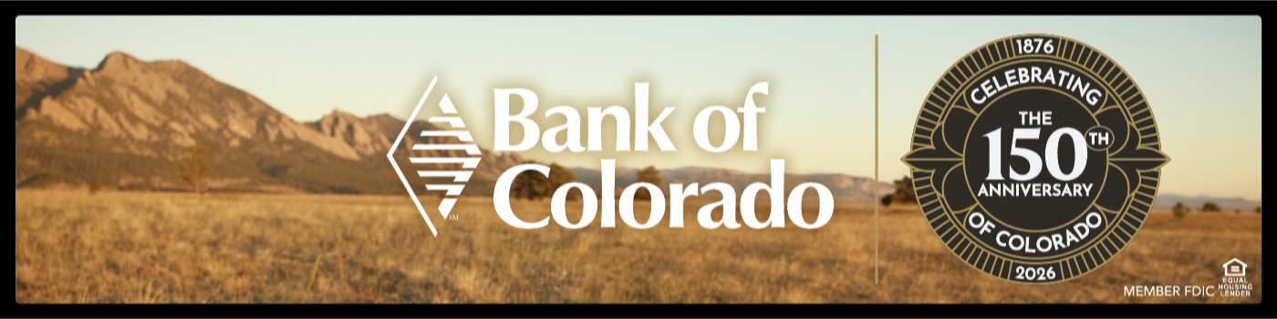 Bank of Colorado text with a circle showing 150 years with a background of open land