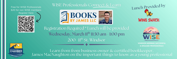 WISE Professionals event with guest Books by James next to a book graphic and a man smiling. Event is Wednesday, March 11th at 11:30 am. Logo of a chicken breathing fire or Wing Shack.