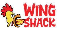 Chicken breathing fire to spell the words wing shack