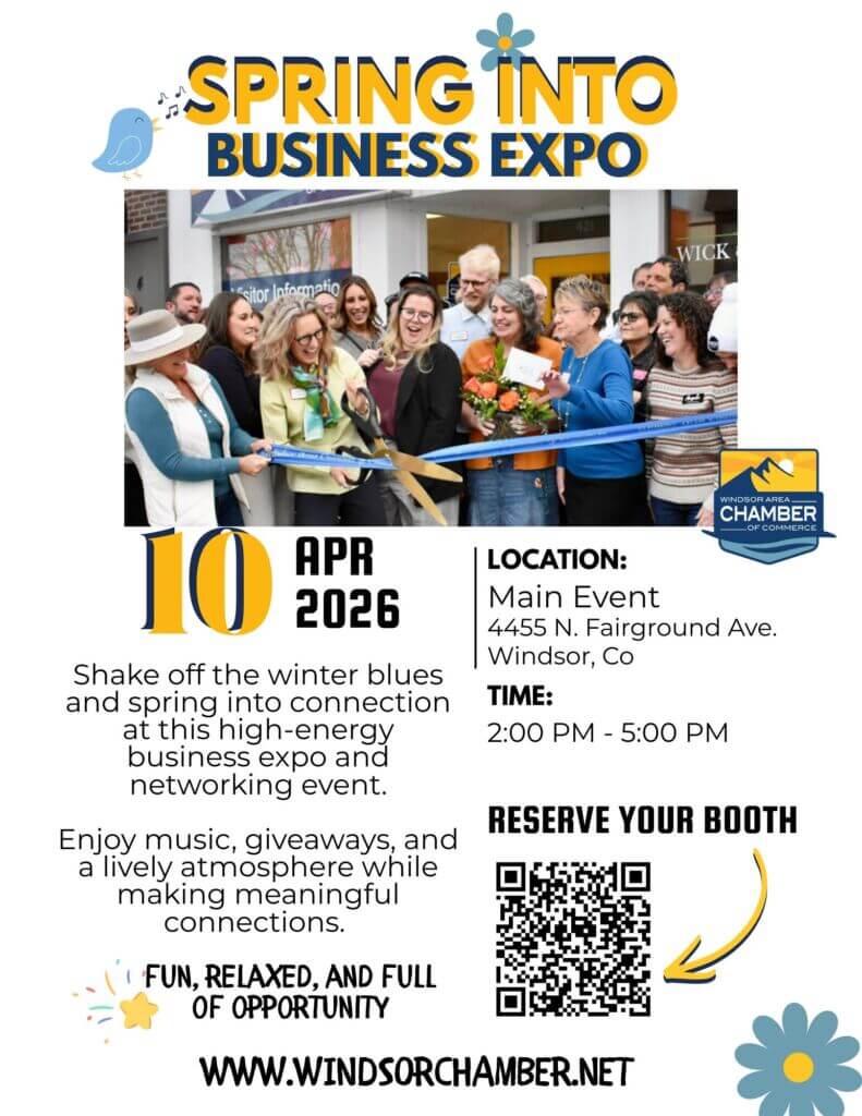 Flyer for event with bright yellow on blue letters that says Spring Into Business Expo with flowers and birds, The date is April 10th 2026. There is a description and a QR code to register for a vendor booth, The top half has a picture of a a group of people smiling and laughing.