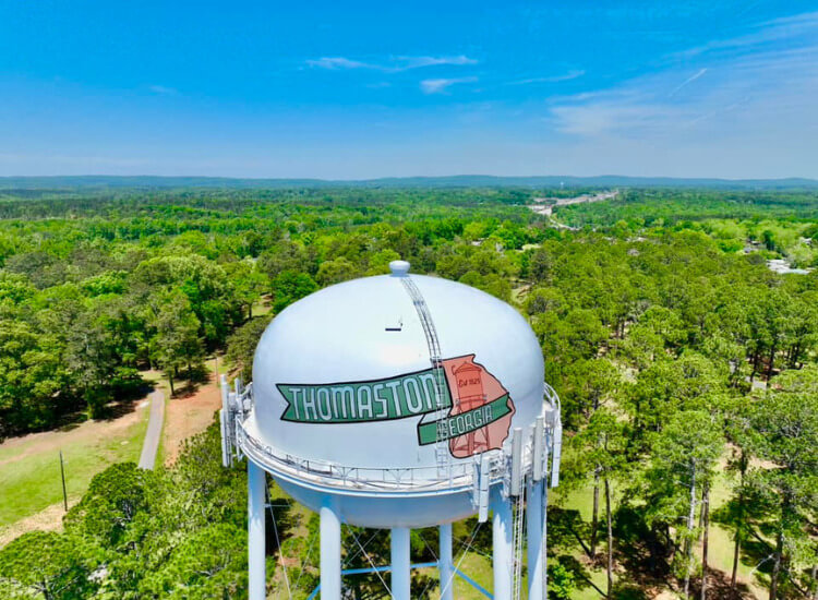 aerial photo of local water tower shot from above
