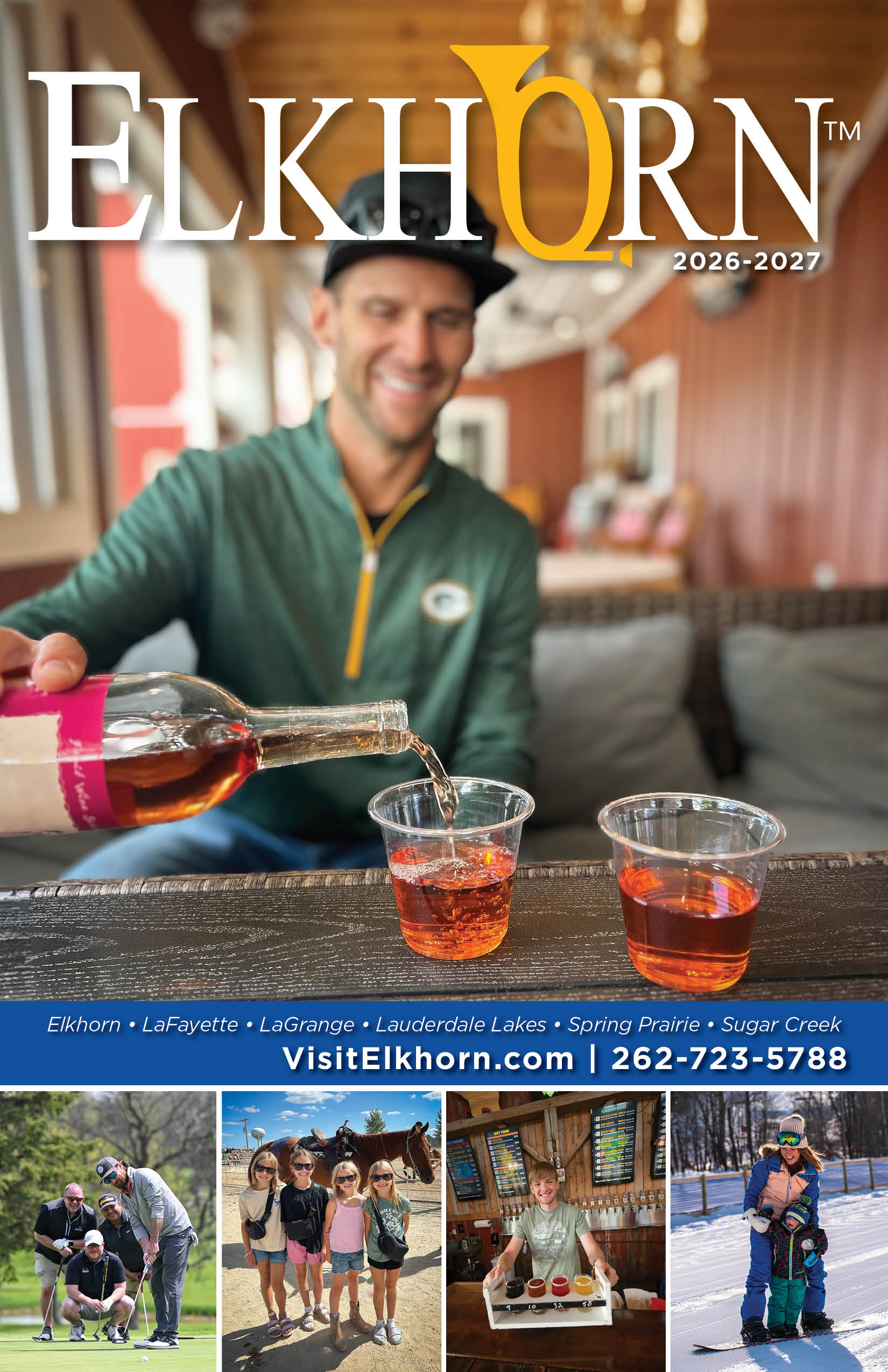 elkhorn Community guide. Man pouring wine at Apple Barn. Golf team. kids and horse. server with beer. Mom and child skiing