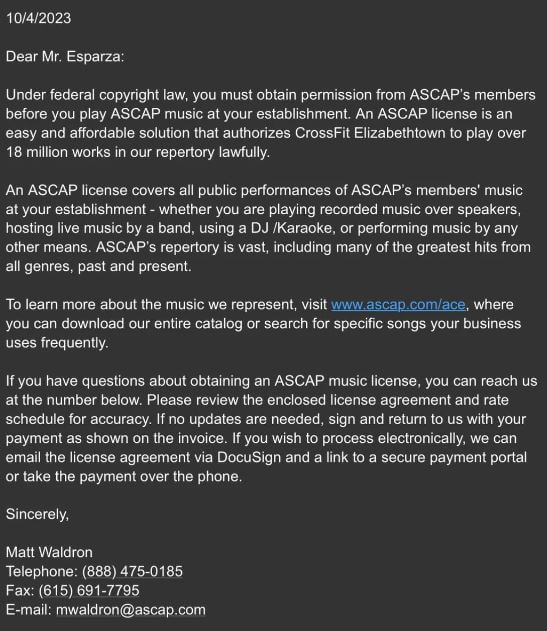 screenshot ASCAP Email