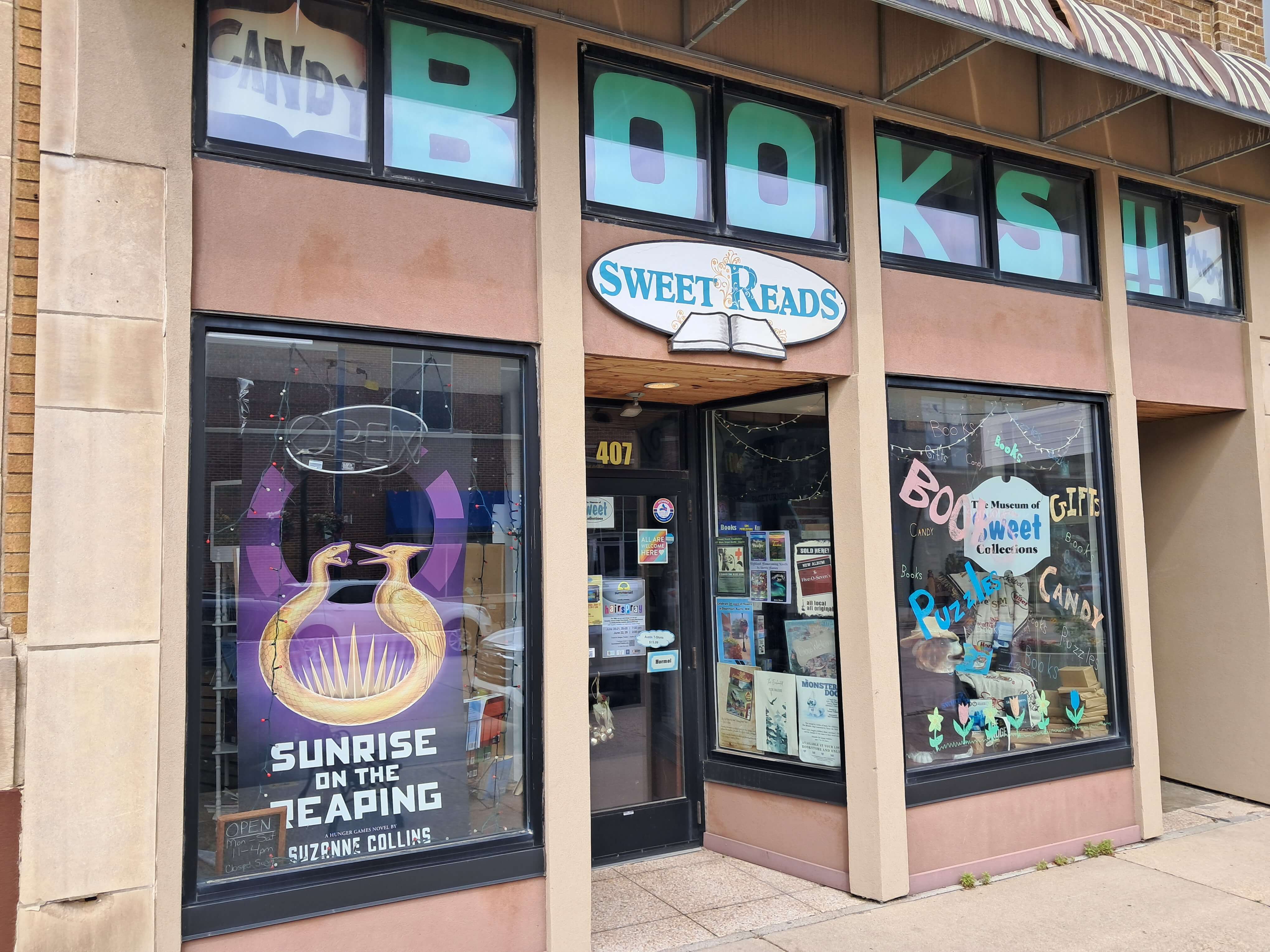 1000010732 Sweet Reads Bookstore, right across the street from the SPAM™ Museum on Main Street in Austin, Minnesota.