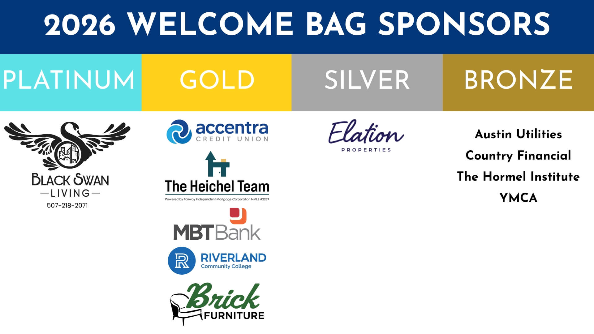 A list of all the sponsors for the Welcome Bags