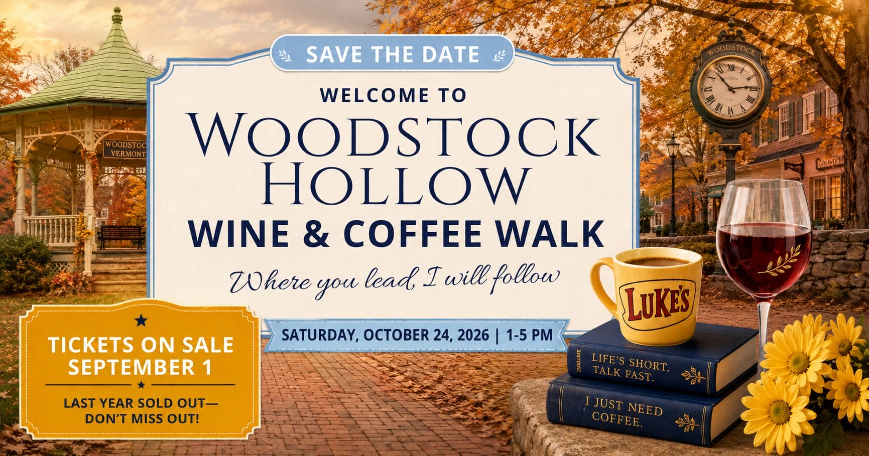 Woodstock Hollows Wine and Coffee Walk on Saturday, October 24, 2026, from 1 to 5 PM