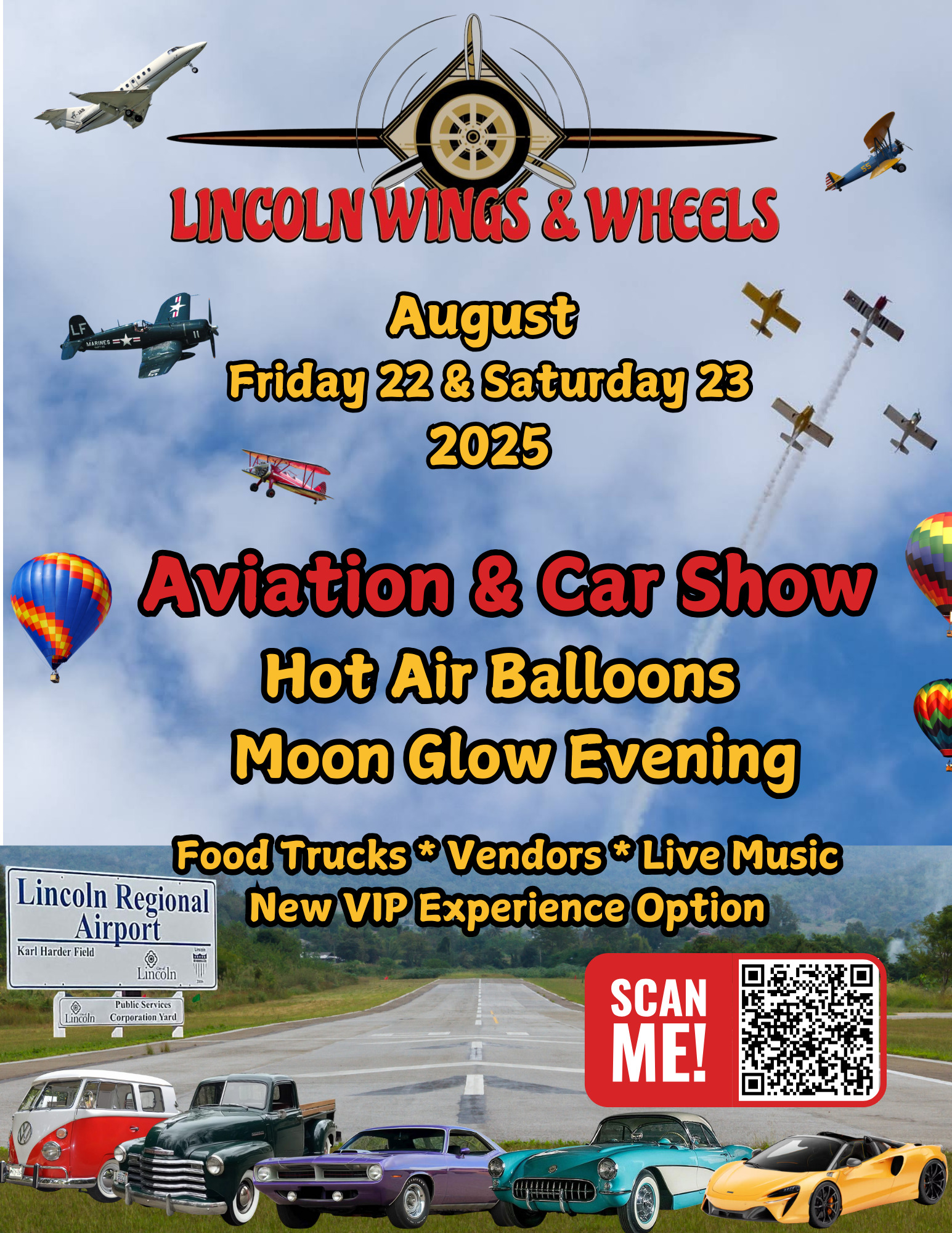 Flyer with planes and cars with event info for Wings and Wheels Air and Car Show