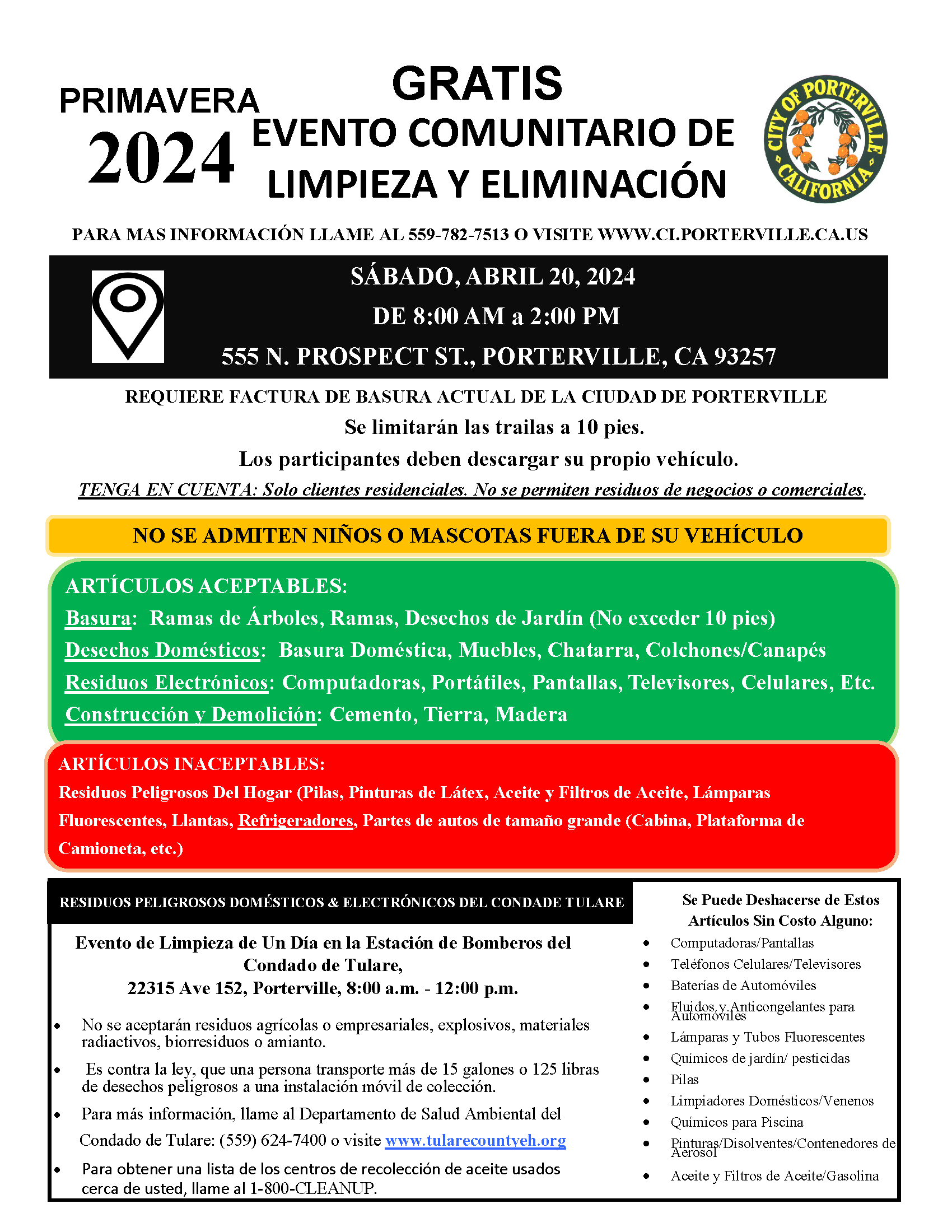 CITY OF PORTERVILLE SPRING COMMUNITY CLEANUP & DISPOSAL EVENT