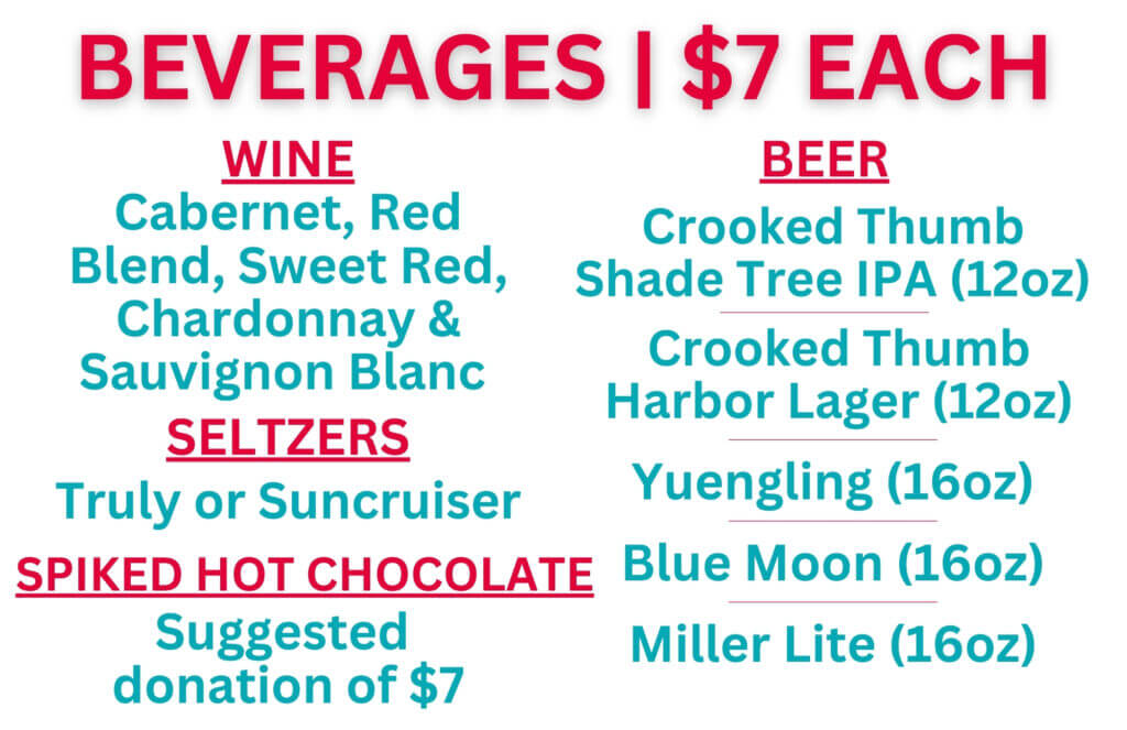 Beverage menu w hot chocolate donation