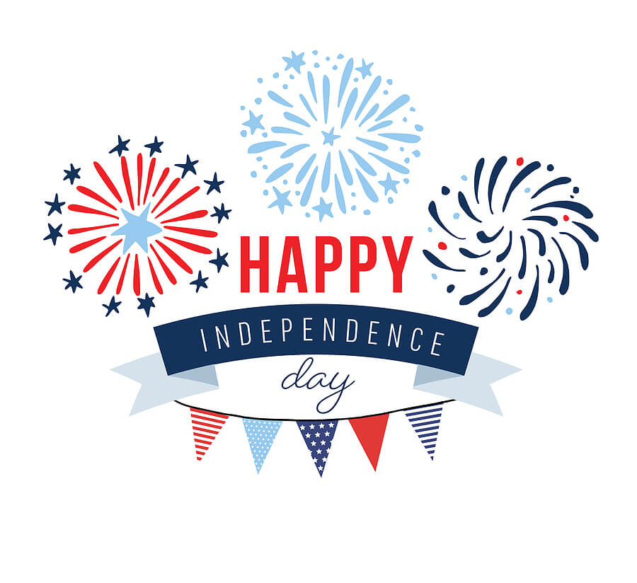 Happy Independence day, 4th July national holiday. Greeting card, invitation. Hand drawn fireworks, party bunting flags. USA colors. Vector illustration background, web banner. Memorial, labor day.