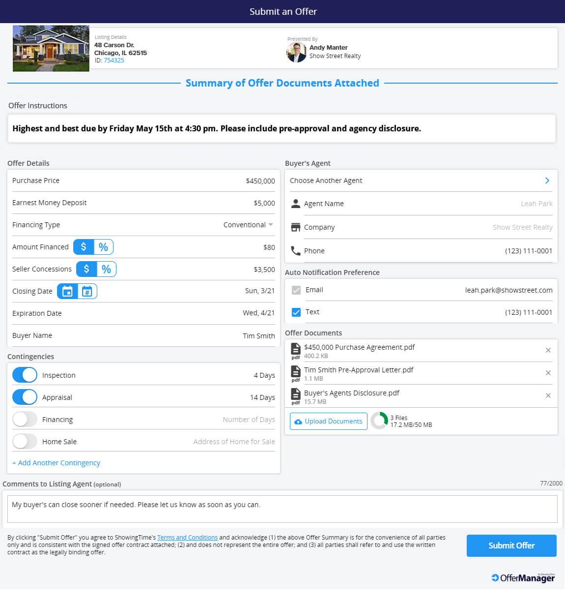 Graphic screenshot of an electronic submit offer form