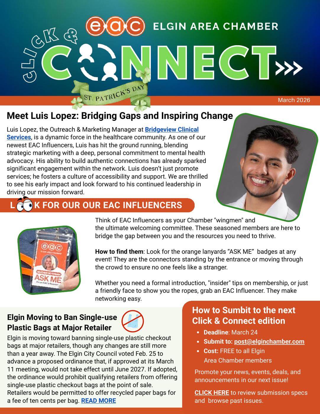 March 2026 cover of the Elgin Area Chamber "Click & Connect" digital newsletter. The layout features a St. Patrick's Day theme and includes a profile on Luis Lopez (Outreach & Marketing Manager at Bridgeview Clinical Services), an introduction to the "EAC Influencers" program with a photo of an "Ask Me" lanyard, and a news brief regarding Elgin’s proposed single-use plastic bag ban. A sidebar provides submission deadlines and contact info for the next edition.