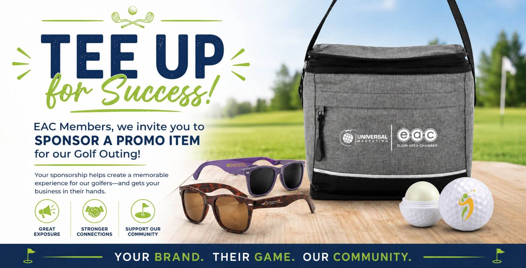 Golf Outing Swag Promotional banner inviting Elgin Area Chamber members to sponsor exclusive swag items for the sold-out ChamberFest Golf Outing, featuring a branded cooler, sunglasses, golf accessories, and the message "Tee Up for Success."
