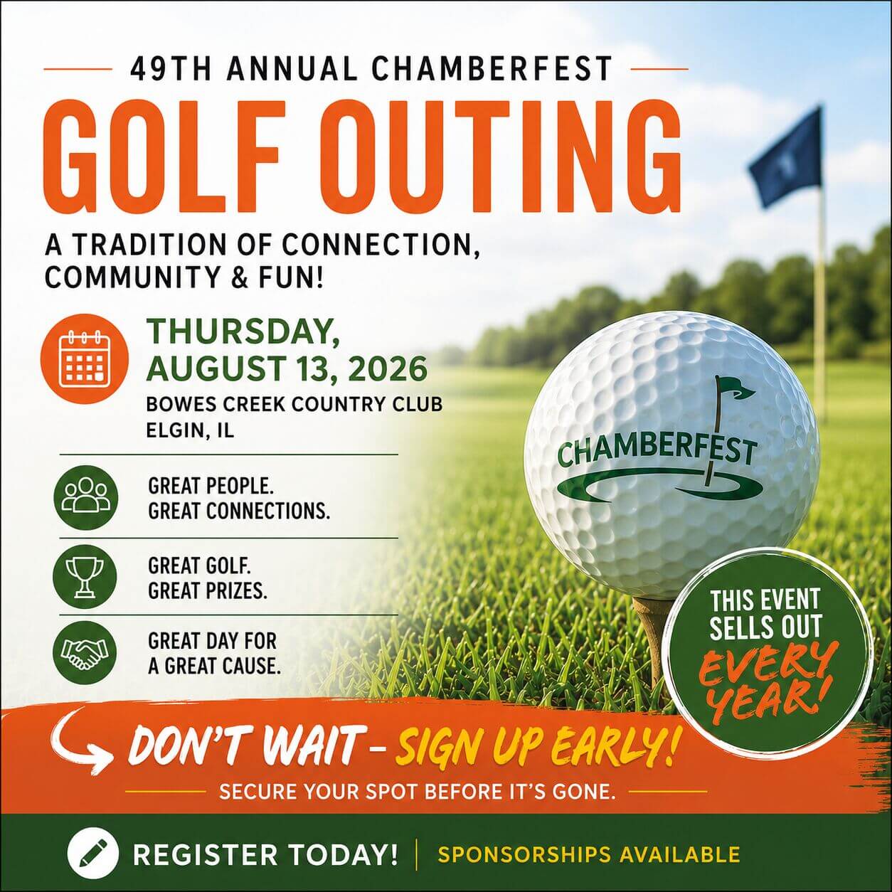 Promotional graphic for the Elgin Area Chamber's 49th Annual Chamberfest Golf Outing on Thursday, August 13, 2026, at Bowes Creek Country Club in Elgin, Illinois. The graphic encourages early registration and notes that the event typically sells out every year.