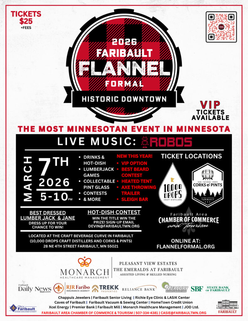 2026 Faribault Flannel Formal Event Flyer Updated Event flyer for the 2026 Faribault Flannel Formal in Historic Downtown on March 7th, featuring live music by ROBOS, lumberjack games, and sponsorship opportunities.