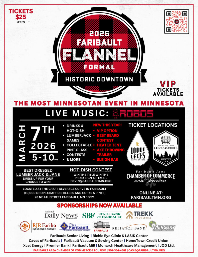 Event flyer for the 2026 Faribault Flannel Formal in Historic Downtown on March 7th, featuring live music by ROBOS, lumberjack games, and sponsorship opportunities.