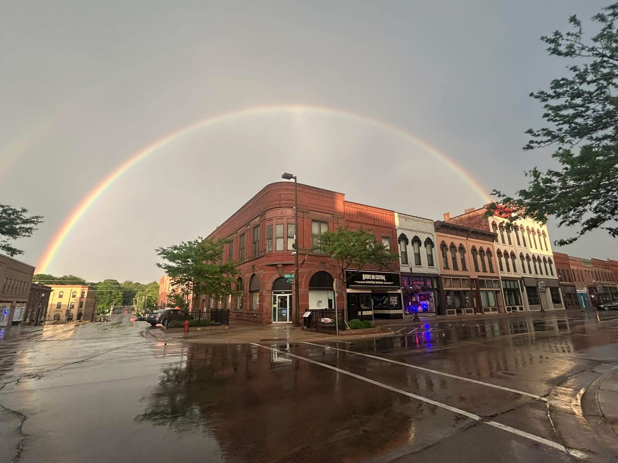 Photo of rainbow over downtown buildings in Historic Downtown Faribault